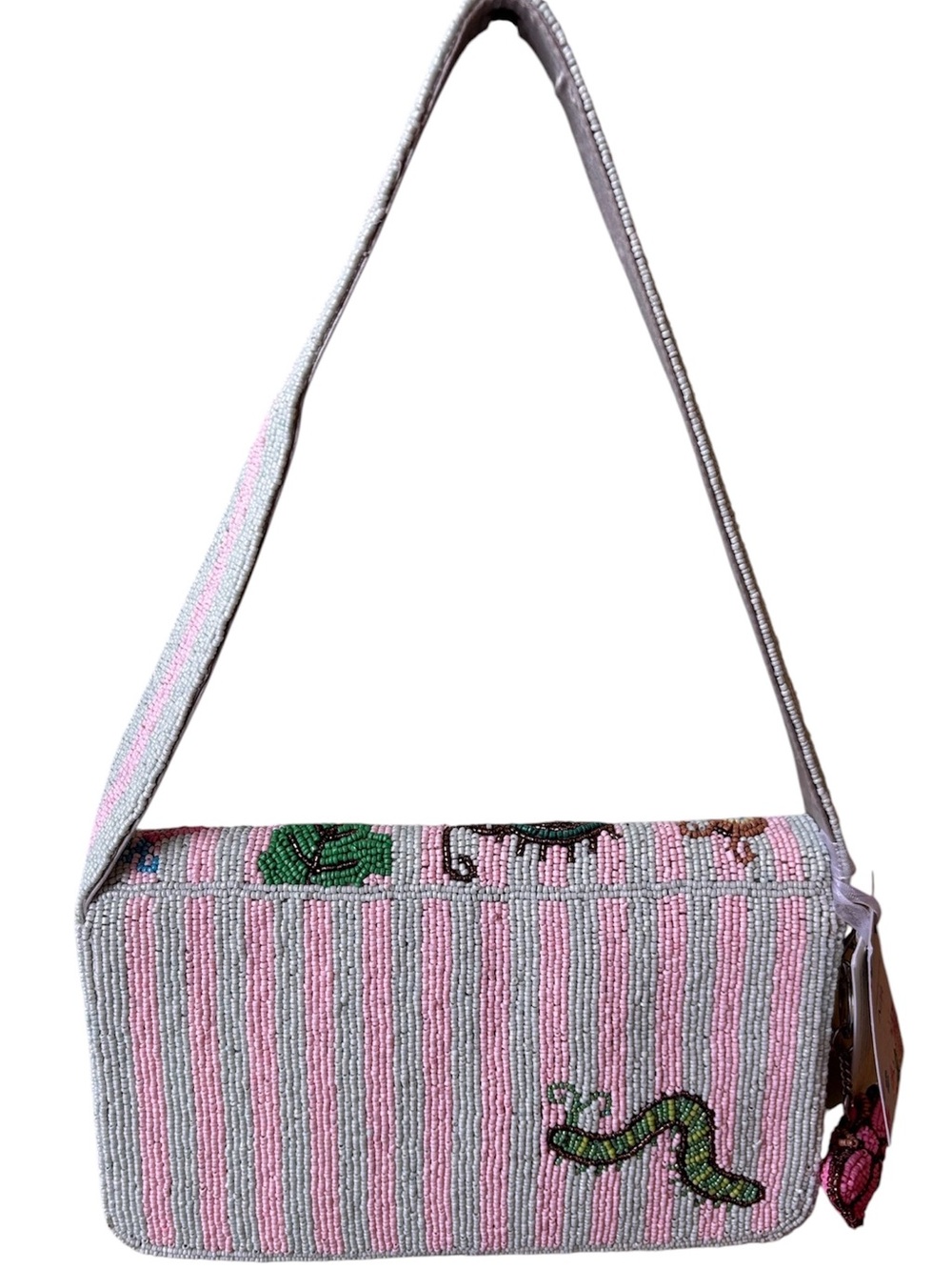 Pink & Mint Green Beaded Garden Insect Motif Shoulder Bag - Picture 2 of 7